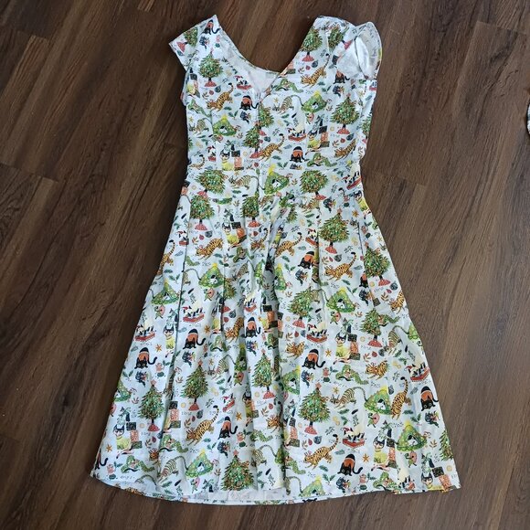 RARE retrolicious Cats Christmas Holiday Fit & Flare Dress Excellent US MADE - Picture 4 of 5